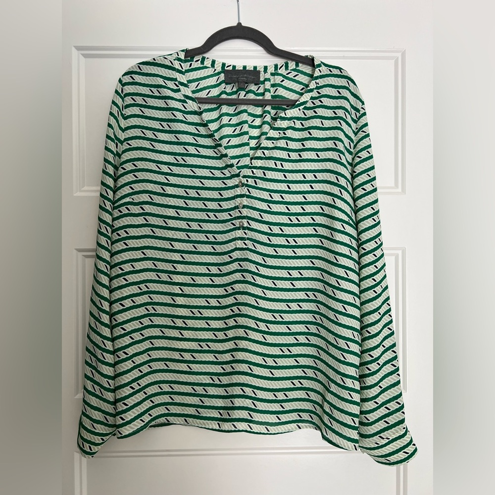 Sunday in Brooklyn Green Nautical Stripe Long Roll Tab Sleeve Top Size Lg Petite